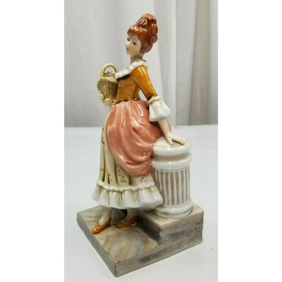 Victorian Ceramic Porcelain ElegantWomen W/Flower Basket Figurine w/Details